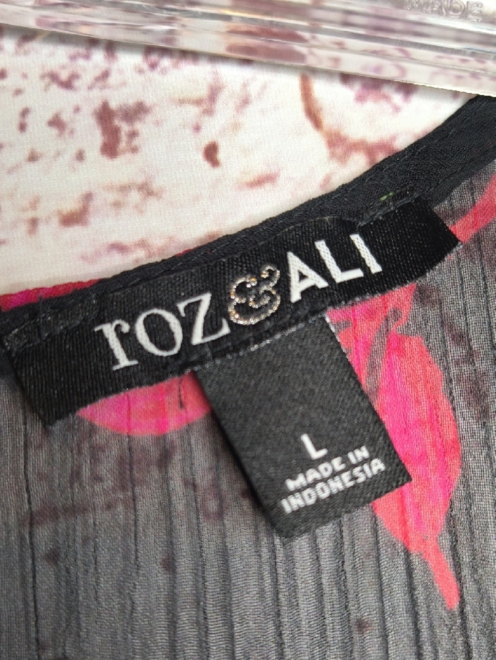 Black Fuchsia Floral Roz & Ali Large Round Neck Long Sleeve Light Weight - Picture 3 of 5
